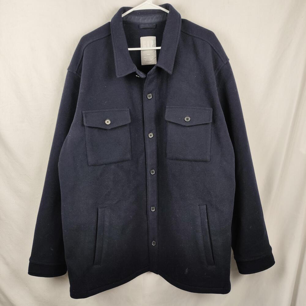 Gap Jacket Mens 3XL Blue Wool Shirt Military Button Front Pockets Lined Warm